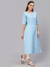 Stylum Women's Self Woven Striped Cotton Blend Straight Kurta (BLUEYASHI) Thumbnail