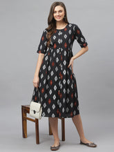 Stylum Women's Ikat Print Cotton Midi Flared Dress (CAIROBLACK) Thumbnail