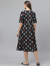 Stylum Women's Ikat Print Cotton Midi Flared Dress (CAIROBLACK) Thumbnail