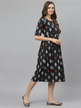 Stylum Women's Ikat Print Cotton Midi Flared Dress (CAIROBLACK) Thumbnail