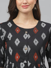 Stylum Women's Ikat Print Cotton Midi Flared Dress (CAIROBLACK) Thumbnail