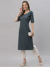Stylum Women's Self Woven Striped Cotton Blend Straight Kurta (DAISYTEAL) Thumbnail