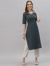 Stylum Women's Self Woven Striped Cotton Blend Straight Kurta (DAISYTEAL) Thumbnail