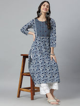 Stylum Women's Indigo Printed Cotton Slub Straight Kurta (INDIGOBIRD) Thumbnail