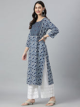 Stylum Women's Indigo Printed Cotton Slub Straight Kurta (INDIGOBIRD) Thumbnail