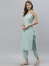 Stylum Women's Striped Cotton Blend Straight Kurta Pant Set (KELLYTURQ) Thumbnail
