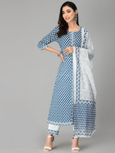 Stylum Women's Printed Cotton Flared Kurta Pant Dupatta Set (KPDGUMPBLUE) Thumbnail