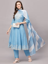 Stylum Women's Printed & Embroidered Cotton Anarkali Kurta Pant Dupatta Set (KPDSKYSTAR) Thumbnail