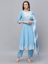 Stylum Women's Printed & Embroidered Cotton Anarkali Kurta Pant Dupatta Set (KPDSKYSTAR) Thumbnail