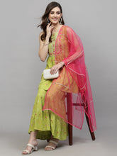 Stylum Women's Bandhej Printed & Embroidered Rayon Kurti Sharara Dupatta Set (KSDHEXAGREEN) Thumbnail
