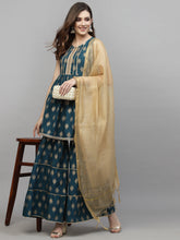 Stylum Women's Gold Printed Cotton Kurta Sharara Dupatta Set (KSDTEALZOYA) Thumbnail