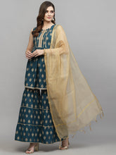 Stylum Women's Gold Printed Cotton Kurta Sharara Dupatta Set (KSDTEALZOYA) Thumbnail