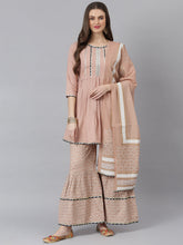 Stylum Women's  Printed Rayon Pleated Kurta Sharara Dupatta Set (KSDTEXOBEIGE) Thumbnail