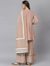 Stylum Women's  Printed Rayon Pleated Kurta Sharara Dupatta Set (KSDTEXOBEIGE) Thumbnail