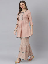 Stylum Women's  Printed Rayon Pleated Kurta Sharara Dupatta Set (KSDTEXOBEIGE) Thumbnail