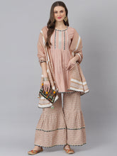 Stylum Women's  Printed Rayon Pleated Kurta Sharara Dupatta Set (KSDTEXOBEIGE) Thumbnail