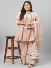 Stylum Women's  Printed Rayon Pleated Kurta Sharara Dupatta Set (KSDTexoBeigeSet) Thumbnail