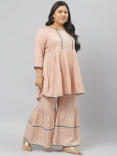 Stylum Women's  Printed Rayon Pleated Kurta Sharara Dupatta Set (KSDTexoBeigeSet) Thumbnail