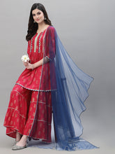 Stylum Women's Gold Printed Rayon A-Line Kurta Sharara Dupatta Set (KSDVISTARUBY) Thumbnail