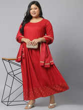 Stylum Women's Gold Printed Rayon Flared Kurta Dupatta Set (MaroontriangleKD) Thumbnail