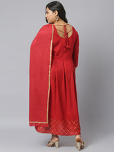 Stylum Women's Gold Printed Rayon Flared Kurta Dupatta Set (MaroontriangleKD) Thumbnail