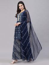 Stylum Women's Bandhej Printed Cotton Flared Short Kurta Sharara Dupatta Set (NAVYAUDI) Thumbnail