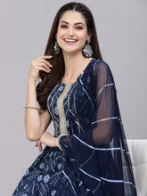 Stylum Women's Bandhej Printed Cotton Flared Short Kurta Sharara Dupatta Set (NAVYAUDI) Thumbnail