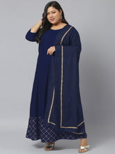 Stylum Women's Gold Printed Rayon Flared Kurta Dupatta Set (NavyTriangleKD) Thumbnail