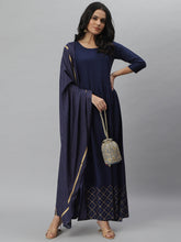 Stylum Women's Gold Print Rayon Flared Kurta Dupatta Set (Navytrianglekdset) Thumbnail