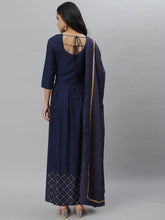 Stylum Women's Gold Print Rayon Flared Kurta Dupatta Set (Navytrianglekdset) Thumbnail