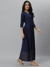 Stylum Women's Gold Print Rayon Flared Kurta Dupatta Set (Navytrianglekdset) Thumbnail