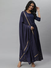 Stylum Women's Gold Print Rayon Flared Kurta Dupatta Set (Navytrianglekdset) Thumbnail