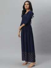 Stylum Women's Gold Print Rayon Flared Kurta Dupatta Set (Navytrianglekdset) Thumbnail