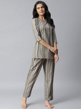 Stylum Women's Gold Striped Printed Night Suit Set (NIST0018) Thumbnail