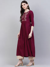 Stylum Women's Embroidered Rayon Flared Kurta (Noorwine) Thumbnail