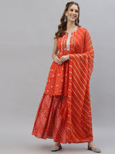 Stylum Women's Bandhej Printed Cotton Flared Short Kurta Sharara Dupatta Set (ORANGEAUDI) Thumbnail