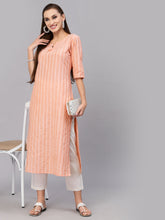 Stylum Women's Self Woven Striped Cotton Blend Straight Kurta (ORANGEYASHI) Thumbnail
