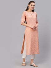 Stylum Women's Self Woven Striped Cotton Blend Straight Kurta (ORANGEYASHI) Thumbnail