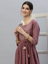 Stylum Women's Gold & Khari Printed Rayon Flared Long Ethnic Dress (SONYMAUVE) Thumbnail