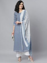Stylum Women's Printed Cotton Flared Kurta with Dupatta (Summerbluekdset) Thumbnail
