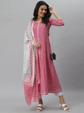 Stylum Women's Printed Cotton Flared Kurta with Dupatta (Summerpinkkdset) Thumbnail