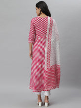 Stylum Women's Printed Cotton Flared Kurta with Dupatta (Summerpinkkdset) Thumbnail