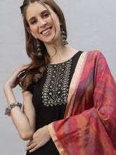 Stylum Women's Embroidered Rayon Flared Kurta with Printed Dupatta (TIGGYBLACK) Thumbnail