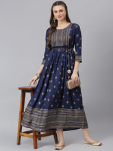 Stylum Women's Gold Printed Rayon Flared Kurta (TONYNAVY) Thumbnail