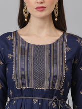 Stylum Women's Gold Printed Rayon Flared Kurta (TONYNAVY) Thumbnail
