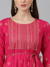 Stylum Women's Gold Printed Rayon Flared Kurta (TONYPINK) Thumbnail