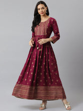 Stylum Women's Gold Printed Rayon Flared Kurta (TONYWINE) Thumbnail