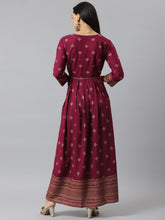 Stylum Women's Gold Printed Rayon Flared Kurta (TONYWINE) Thumbnail