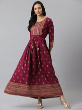 Stylum Women's Gold Printed Rayon Flared Kurta (TONYWINE) Thumbnail
