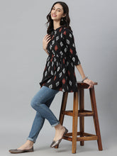 Stylum Women's Ikat Printed Cotton Gathered Ethnic Short Kurta  (TOPBLACKTUCKER) Thumbnail
